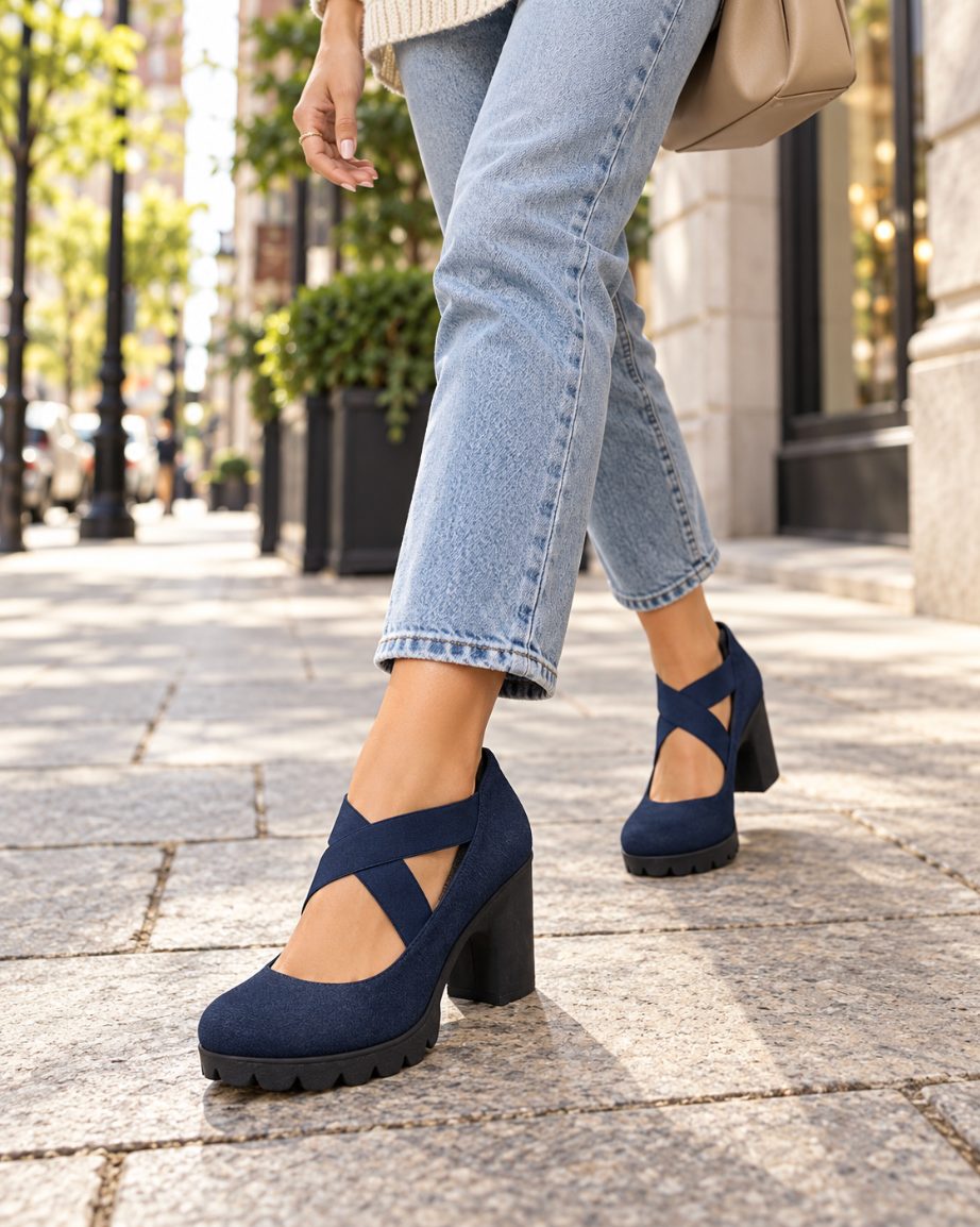 Zapatos de Tacón Ancho con Tiras Cruzadas