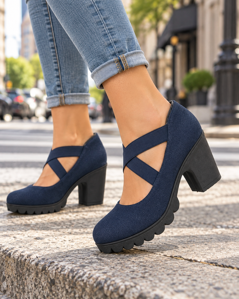 Zapatos de Tacón Ancho con Tiras Cruzadas