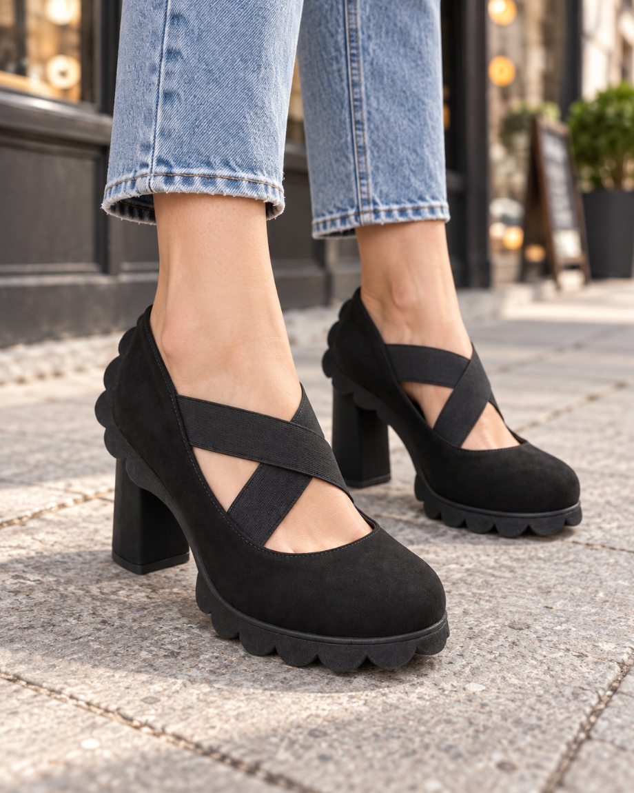 Zapatos de Tacón Ancho con Tiras Cruzadas