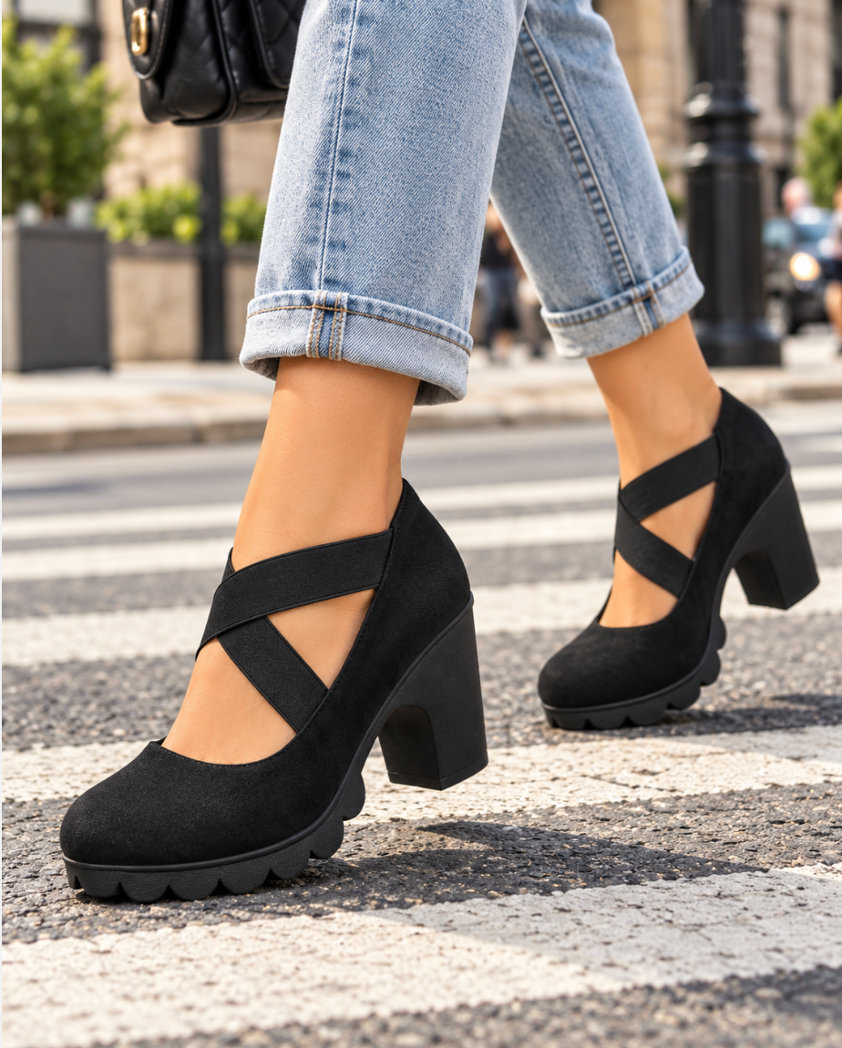 Zapatos de Tacón Ancho con Tiras Cruzadas