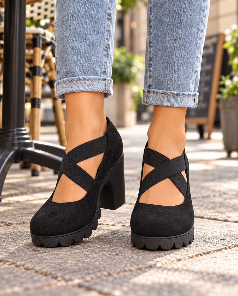 Zapatos de Tacón Ancho con Tiras Cruzadas