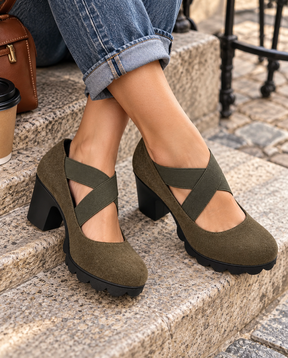 Zapatos de Tacón Ancho con Tiras Cruzadas